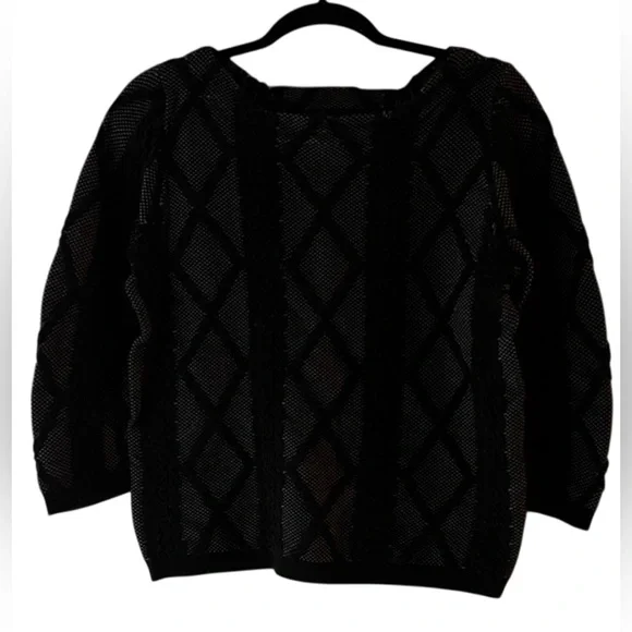 Worthington Black Embroidered Overlay Quarter Sleeve Sweater Diamond Pattern L - Picture 2 of 8